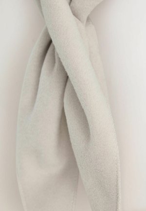 Light gray, soft fleece scarf twisted, showcasing smooth texture and clean stitching edges. No patterns or embellishments visible.