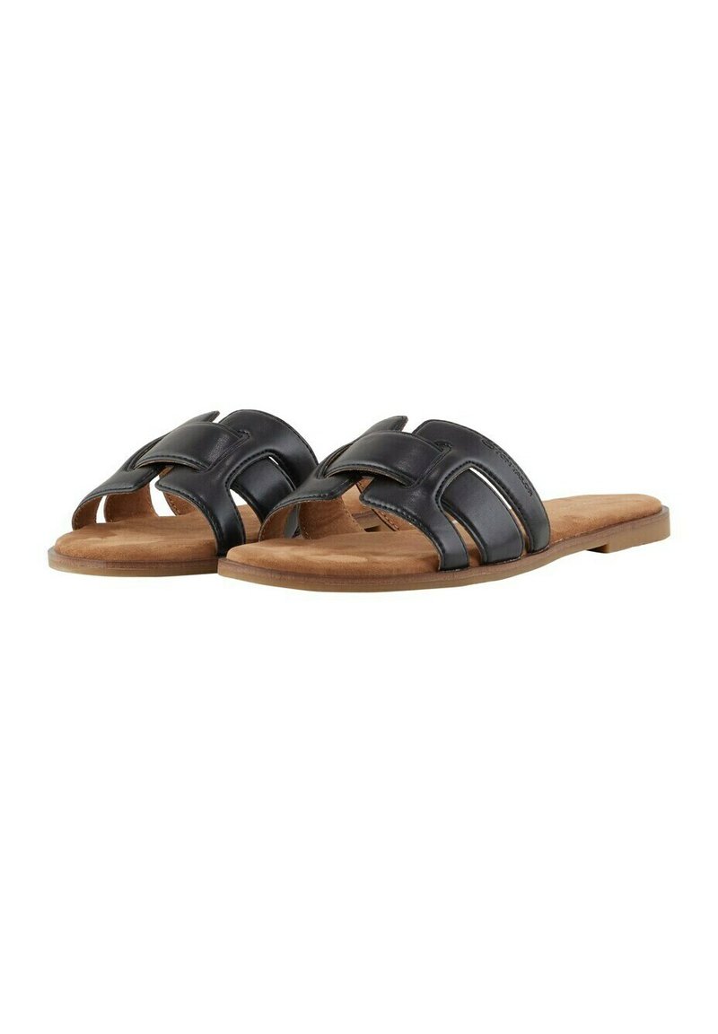 Sandales en cuir noir avec un design de bride tressée, bout ouvert et une semelle intérieure rembourrée marron clair. Semelle plate. Pas de talon.