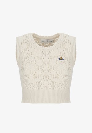 Top crop senza maniche lavorato a maglia color crema con intricati motivi in pizzo e un piccolo logo Vivienne Westwood multicolore sul petto.
