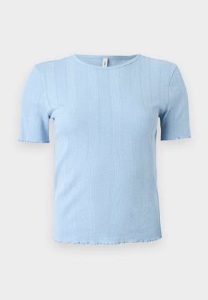 Ανοιχτό μπλε κοντομάνικη ριμπ πλεκτή μπλούζα με διακριτικά κάθετα σχέδια και κυματιστά τελειώματα στα μανίκια και το τελείωμα.