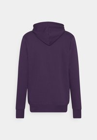 Felpa con cappuccio di un viola scuro, maniche lunghe e polsini a coste, mostrata da dietro su uno sfondo bianco semplice.