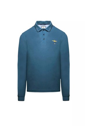 Polo a maniche lunghe in teal, realizzato in tessuto morbido. Presenta un colletto classico, tre bottoni e un design ricamato in giallo.