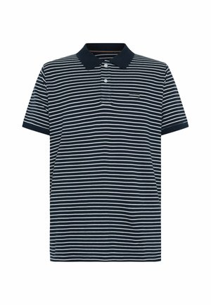 Marineblå polo-shirt med hvide vandrette striber, korte ærmer, to knapper og en klassisk krave.
