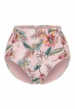 Bikinibund i høj talje med lyserød bund og flerfarvet tropisk blomsterprint med store blade og blomster.