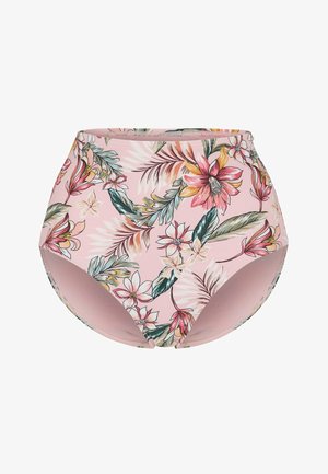 Bikinibund i høj talje med lyserød bund og flerfarvet tropisk blomsterprint med store blade og blomster.