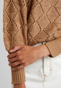 Maglione lavorato a maglia di colore marrone chiaro con un motivo a diamante, caratterizzato da polsini a costine. Mano appoggiata sulla manica, in evidenza la texture e il design.
