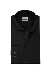 Chemise noire ajustée à boutons en tissu lisse. Dotée d'un col, de manches longues et d'un détail de col intérieur contrastant.