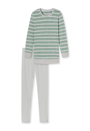 Maglietta a maniche lunghe a righe in verde e grigio, abbinata a pantaloni grigi uni. Entrambi realizzati in tessuto morbido con una vestibilità comoda e polsini a costine.