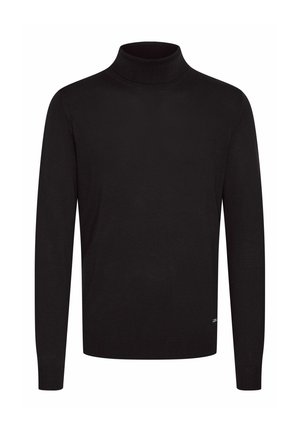 Czarny sweter typu golf wykonanego z miękkiego, lekkiego materiału; posiada długie rękawy oraz dopasowany krój z prążkowanym dekoltem i dołem.