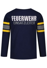 Marineblaues Langarm-T-Shirt mit der Aufschrift "FEUERWEHR EINSATZLEITER" in Weiß, mit gelben und grauen Streifen an den Ärmeln, aus Baumwollmischung.
