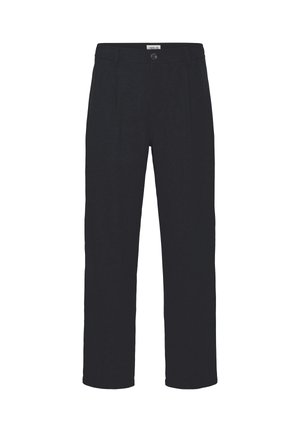 Zwarte broek van gestructureerde stof, met een recht model, voorplooien en een enkele knoopsluiting in de taille.