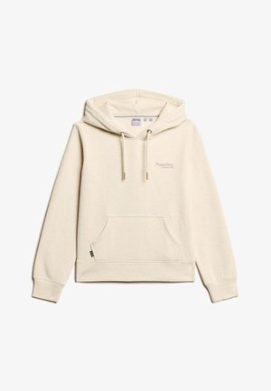 Crèmekleurige hoodie van zacht materiaal, met een voorkeurszak, een capuchon met trekkoorden en subtiele logodetails. Standaard pasvorm en textuur.