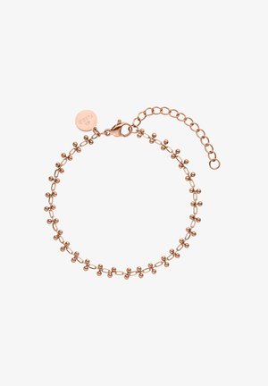 Armband aus roségoldener Kette mit kleinen sphärischen Akzenten, einem Karabinerverschluss und einer verstellbaren Länge mit zusätzlichen Kettengliedern.