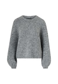 Grauer Strickpullover mit Rundhalsausschnitt, lockerem Sitz, langen Ärmeln und vereinzelt aufgestreuten Pailletten als Akzentdetails.