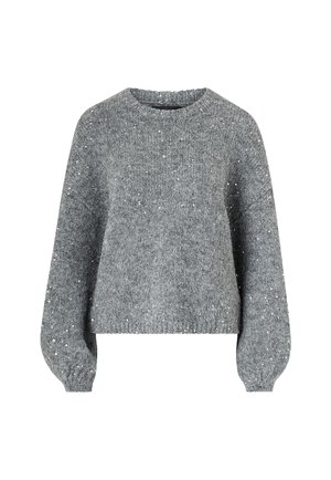 Grå strikket sweater med rund hals, der har en løs pasform, lange ærmer og spredte pailletter som dekorative detaljer.