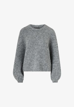 Grå strikket sweater med rund hals, der har en løs pasform, lange ærmer og spredte pailletter som dekorative detaljer.