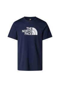 Navy blue cotton t-shirt featuring a large white logo of "THE NORTH FACE" with a curved design, crew neck, and short sleeves.