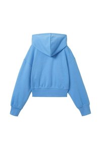 Sudadera azul corta con capucha ajustable, puños y dobladillo acanalados. Confeccionada en tela suave con una textura lisa y un corte holgado.