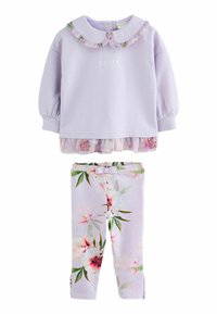 Tenue pour tout-petit en lilas avec un haut à manches longues, présentant un col florale froncé et un ourlet, accompagnée de leggings à motif floral assortis avec une taille élastique ornée d'un petit nœud.