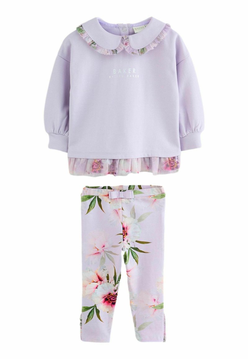 Tenue pour tout-petit en lilas avec un haut à manches longues, présentant un col florale froncé et un ourlet, accompagnée de leggings à motif floral assortis avec une taille élastique ornée d'un petit nœud.