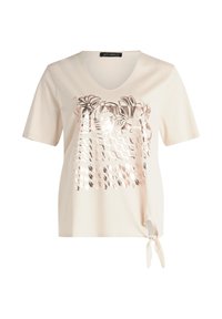 Lys beige kortærmet T-shirt med V-udskæring. Har et dekorativt roseguld blomstertryk og en detaljeret sidebinding. Blødt bomuldsblandingsmateriale.
