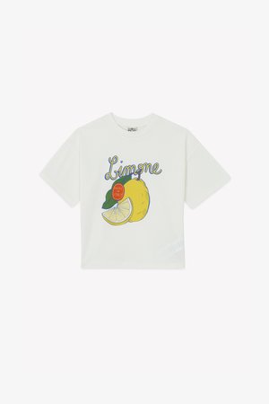 White short-sleeve T-shirt featuring a yellow lemon graphic with green leaves and purple text "Limone" above, red "Made in Italy" tag.