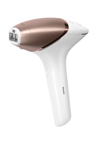 Handheld Philips IPL ontharingsapparaat met een wit en roségouden ontwerp, ergonomische handgreep en behandelvenster aan de voorkant.