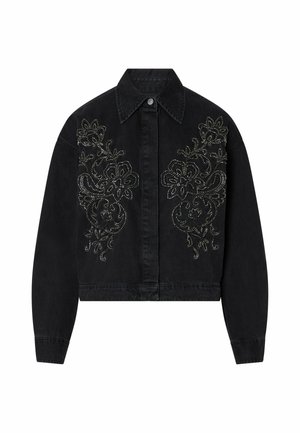 Veste en jean noire avec manches longues et col, ornée de broderies florales symétriques sur les côtés avant.