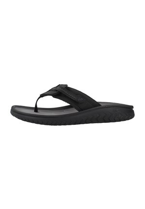 Schwarze Gummi-Zehensandale mit dickem, gepolstertem Absatz und verstellbarem Riemen oben, entworfen für den Freizeitgebrauch.