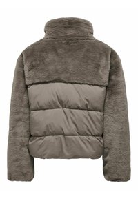 Padded jacket with a faux fur upper, in a muted gray shade. Features a high collar and soft texture with quilted lower section.