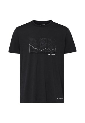 T-shirt noir à manches courtes avec un motif blanc de lignes topographiques de montagnes et le logo Vaude sur la poitrine et près de l'ourlet.