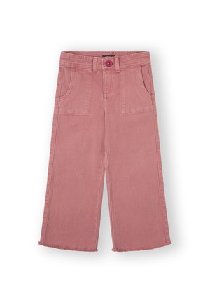Vaqueros de pierna ancha en color rosa, hechos de denim, con cierre de botón, dos bolsillos delanteros y bajos deshilachados.