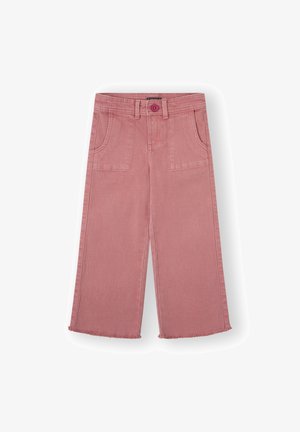 Vaqueros de pierna ancha en color rosa, hechos de denim, con cierre de botón, dos bolsillos delanteros y bajos deshilachados.