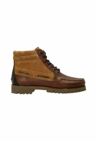 Bottines en cuir marron et en daim beige avec un bout rond, un design à lacets et une semelle texturée avec de profondes rainures pour une meilleure traction.