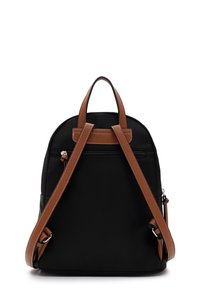 Black backpack with brown adjustable straps and top handle, featuring a rear zippered pocket and silver hardware details.