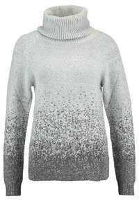 Jasnoszary sweter z golfem z gradientem srebrzystych brokatów na krawędzi, prążkowana faktura i długie rękawy. Miękki dzianinowy materiał.