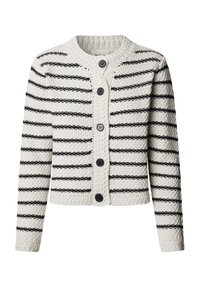 Knitted cardigan in white with black horizontal stripes. Features a round neckline, long sleeves, and five large dark buttons on the front.