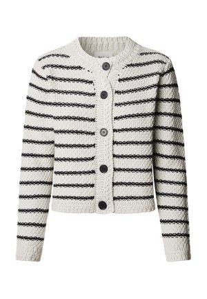 Strickjacke in Weiß mit schwarzen horizontalen Streifen. Verfügt über einen runden Halsausschnitt, lange Ärmel und fünf große dunkle Knöpfe an der Vorderseite.