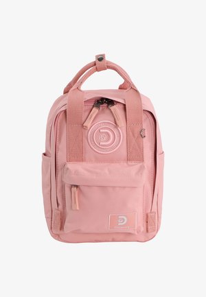 Pink nylon backpack with padded straps, rounded top, front pocket, and circular logo. Features a zipper closure and durable stitching.