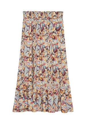 Falda maxi con cintura elástica, con un estampado floral en tonos azules, burdeos y amarillos, y un dobladillo con volantes.