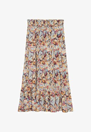 Falda maxi con cintura elástica, con un estampado floral en tonos azules, burdeos y amarillos, y un dobladillo con volantes.