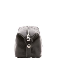 Astuccio da toilette in pelle nera con forma rettangolare, chiusura con zip e hardware della cerniera in tonalità argento. Texture liscia con dettagli di cucitura minimi.