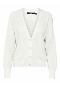 Weißer, gestrickter Cardigan mit tiefem V-Ausschnitt, fünf Knöpfen, überschnittenen Schultern, Rippenbund und dezenten Perforationen entlang der Schultern.