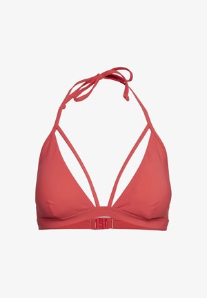 Korall bikini topp med justerbare halterbånd, har trekantede kopper, sideutskjæringer og en lås bak. Glatt tekstur.