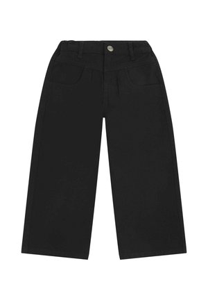 Schwarze, weit geschnittene Hosen mit klassischem Design, aus Denim gefertigt. Mit seitlichen Taschen und einer Metallknopf-Verschluss am Bund.