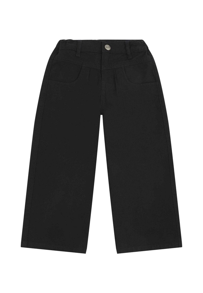 Schwarze, weit geschnittene Hosen mit klassischem Design, aus Denim gefertigt. Mit seitlichen Taschen und einer Metallknopf-Verschluss am Bund.
