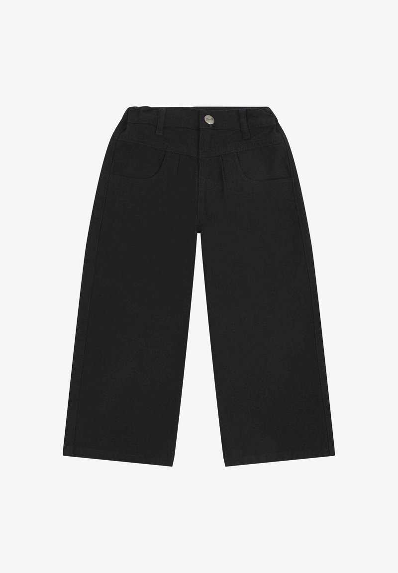 Pantaloni neri a gamba larga con un design classico, realizzati in denim. Presentano tasche frontali e una chiusura con bottone metallico in vita.