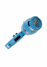 Vintage-stijl blauwe haardroger met een getextureerd lichaam, ronde grill en zilveren accenten. Bevat bedieningsknoppen op het handvat voor gebruik.