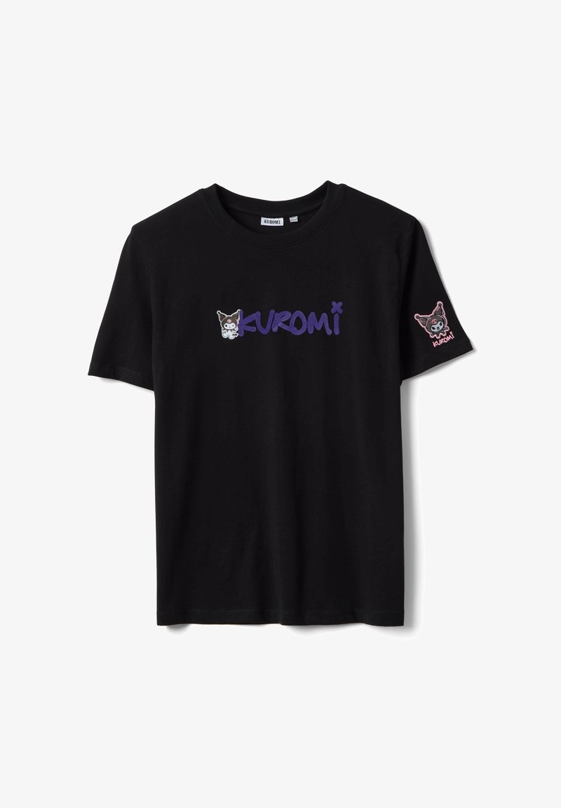 Black short-sleeve T-shirt with purple "KUROMI" text and small character graphic on chest and right sleeve.