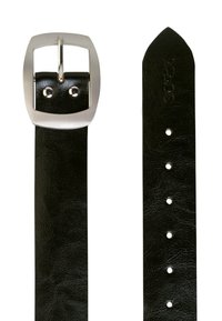 Schwarzer Leder-gürtel mit einer silbernen Metallschnalle im rechteckigen Design, fünf Einstelllöchern und einer spitzen Spitze.